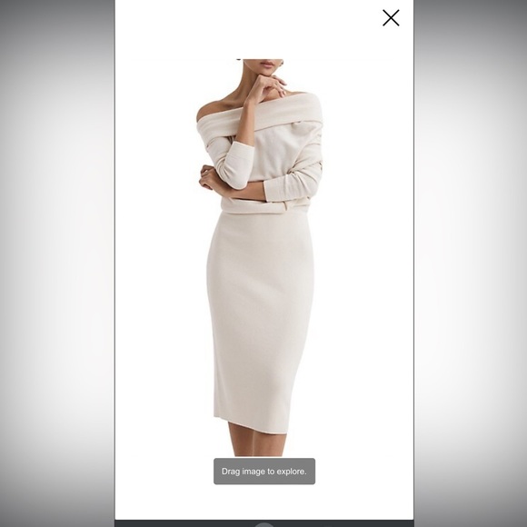 Reiss Sutton Wool blend off the shoulder cream midi dress size L - Picture 3 of 10